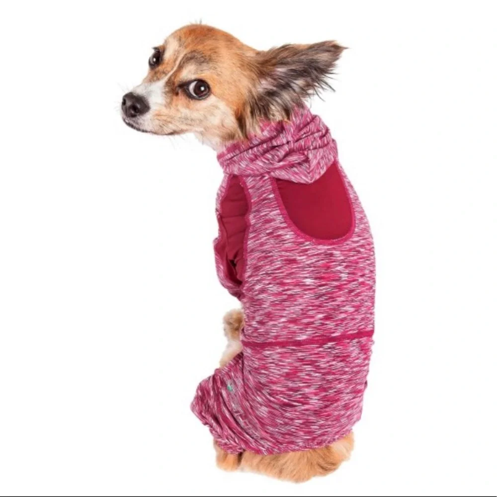 Pet Life Active Downward Dog  Burgundy 4-Way-Stretch  Dog Tracksuit Hoodie XS